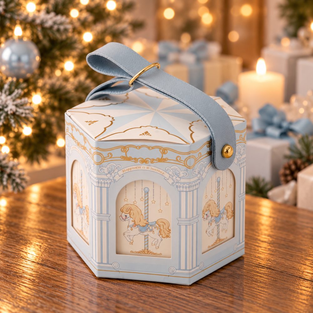 Boîte cadeau carrousel bleu ciel avec anse bleue