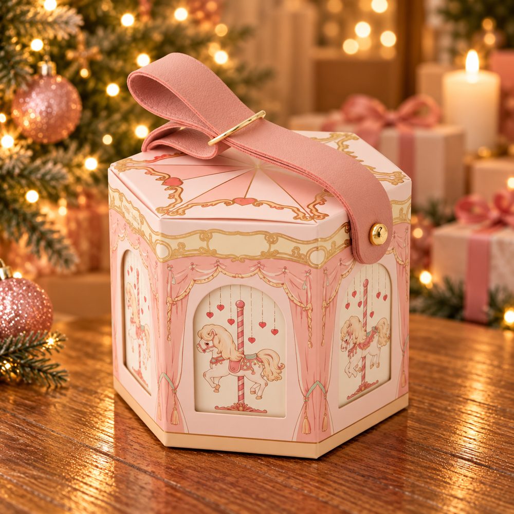 Boîte cadeau carrousel rose poudré avec anse rose