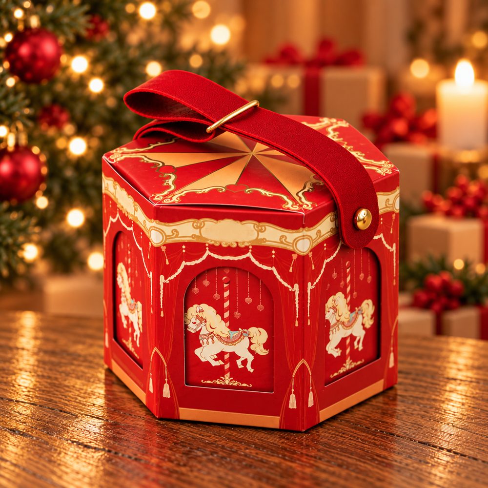 Boîte cadeau carrousel rouge et dorée avec anse rouge