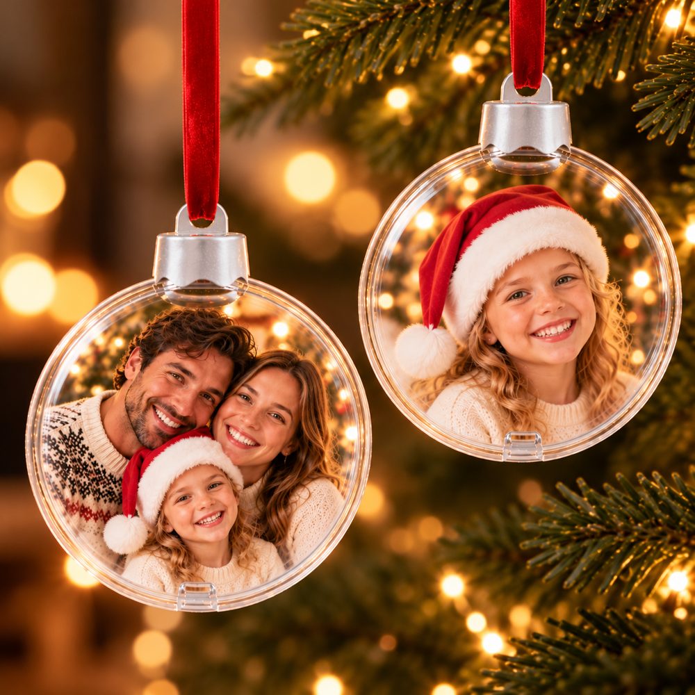 Deux boules transparentes avec photo de famille, suspendues au sapin par un ruban de velours rouge