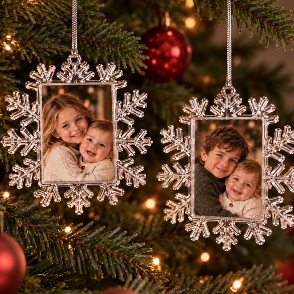 Flocons transparents avec photo d'enfants au centre, suspendus au sapin par une chaînette