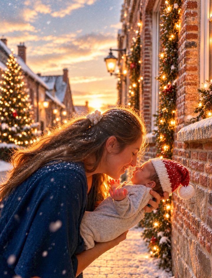 Après : la même scène sous la neige, guirlandes lumineuses, sapin illuminé et bonnet de Noël pour le bébé